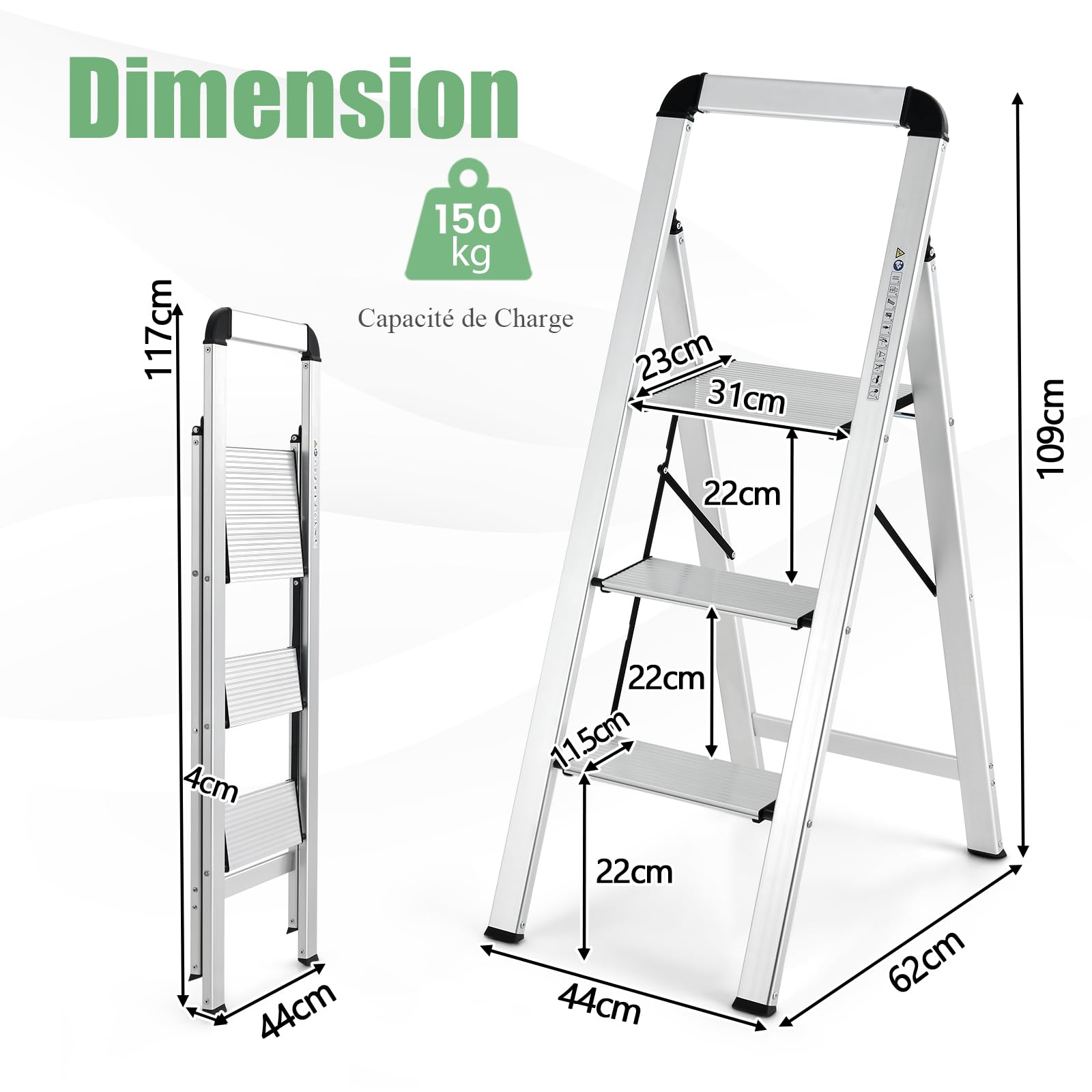 SOARS Scala 3 Gradini in Alluminio, Scaletta Pieghevole con Piedini Antiscivolo, Leggera e Portatile, Portata 150 kg, Attacco & Fibbia di Sicurezza, per Casa, Officina, Garage, 44 X 62 X 109 CM