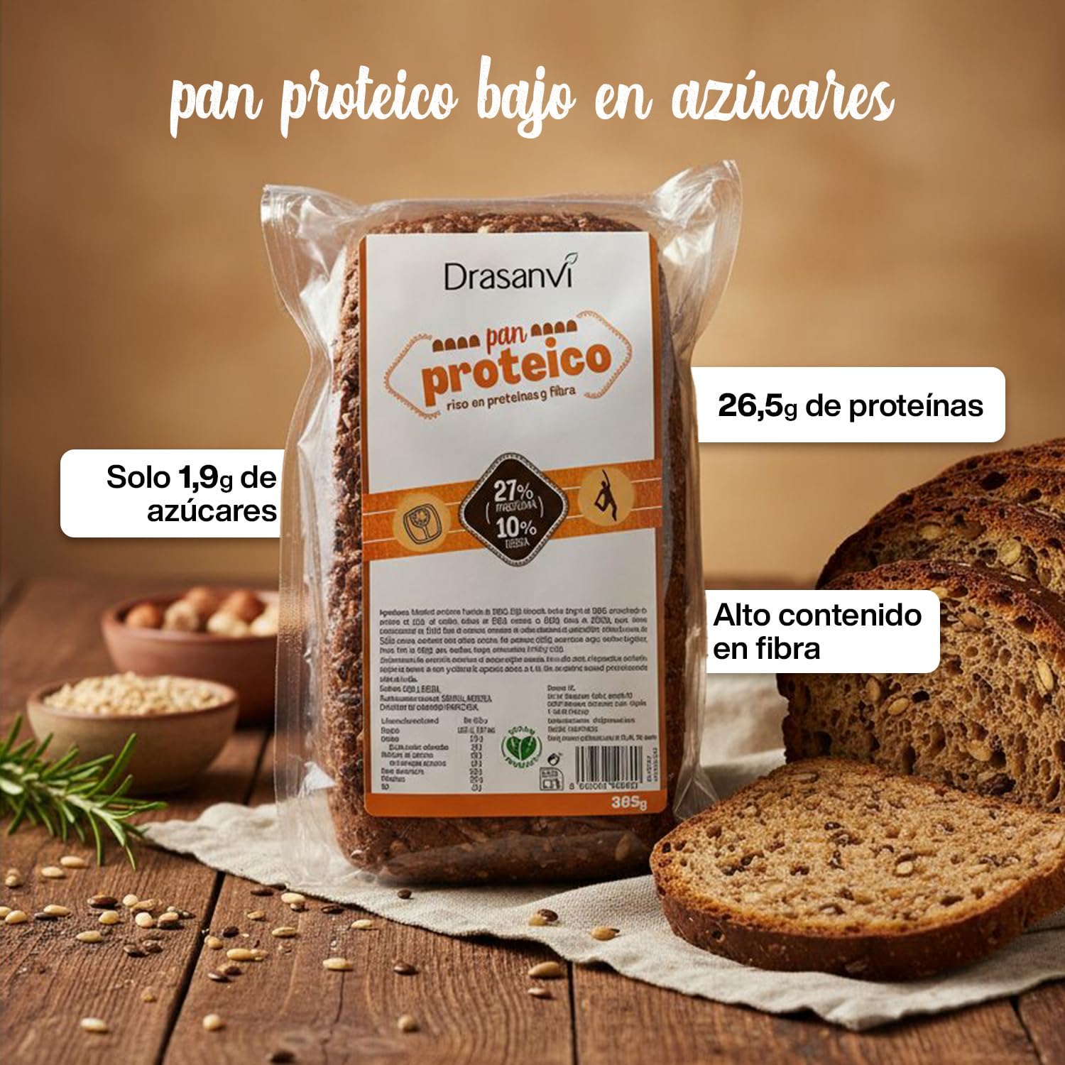 DRASANVI Pan Proteico Bajo en Carbohidratos 27% Proteínas Alto Contenido en Fibra Bajo en Azúcares y Calorías 365 gr