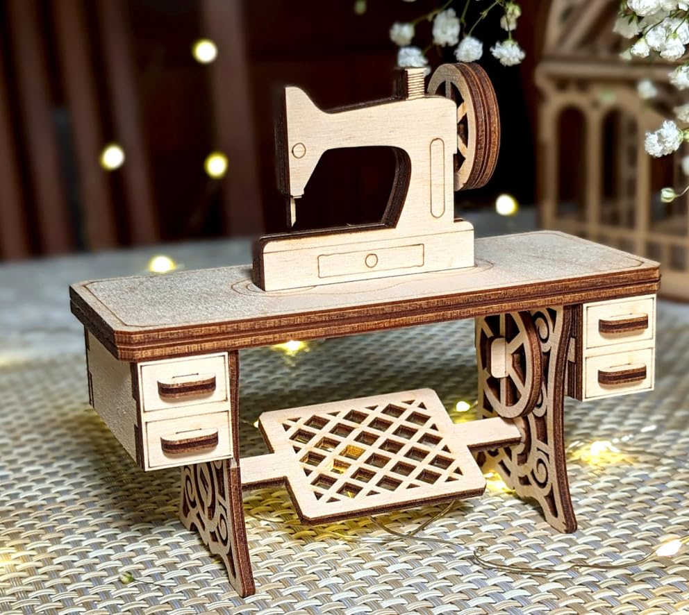 Wooden Sewing Machine Miniature, Decorative Showpiece with Sewing Table, 3D Model for Table Decor, 12.6x5.4x10.7 cm-image-18