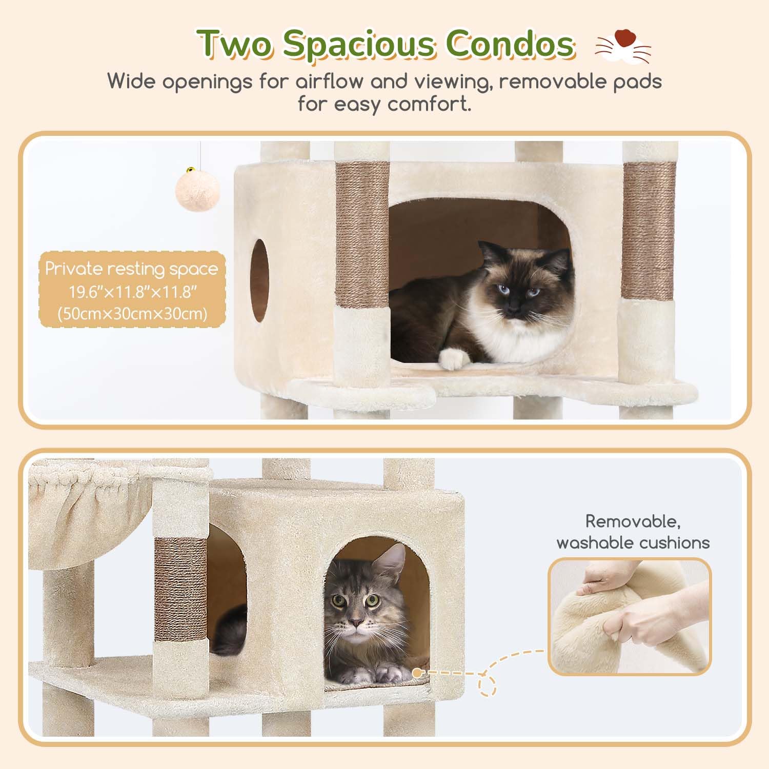 Globlazer Árbol Rascador Beige Grande Alto 188 cm con 2 Grandes Nidos, 48 * 48CM Plataformas Acolchada, 2 Felpa Cesta, Estable Árbol Torre para Grande Gato 3-5 Adulto Gatos Más de 5 kg (S74, Beige)