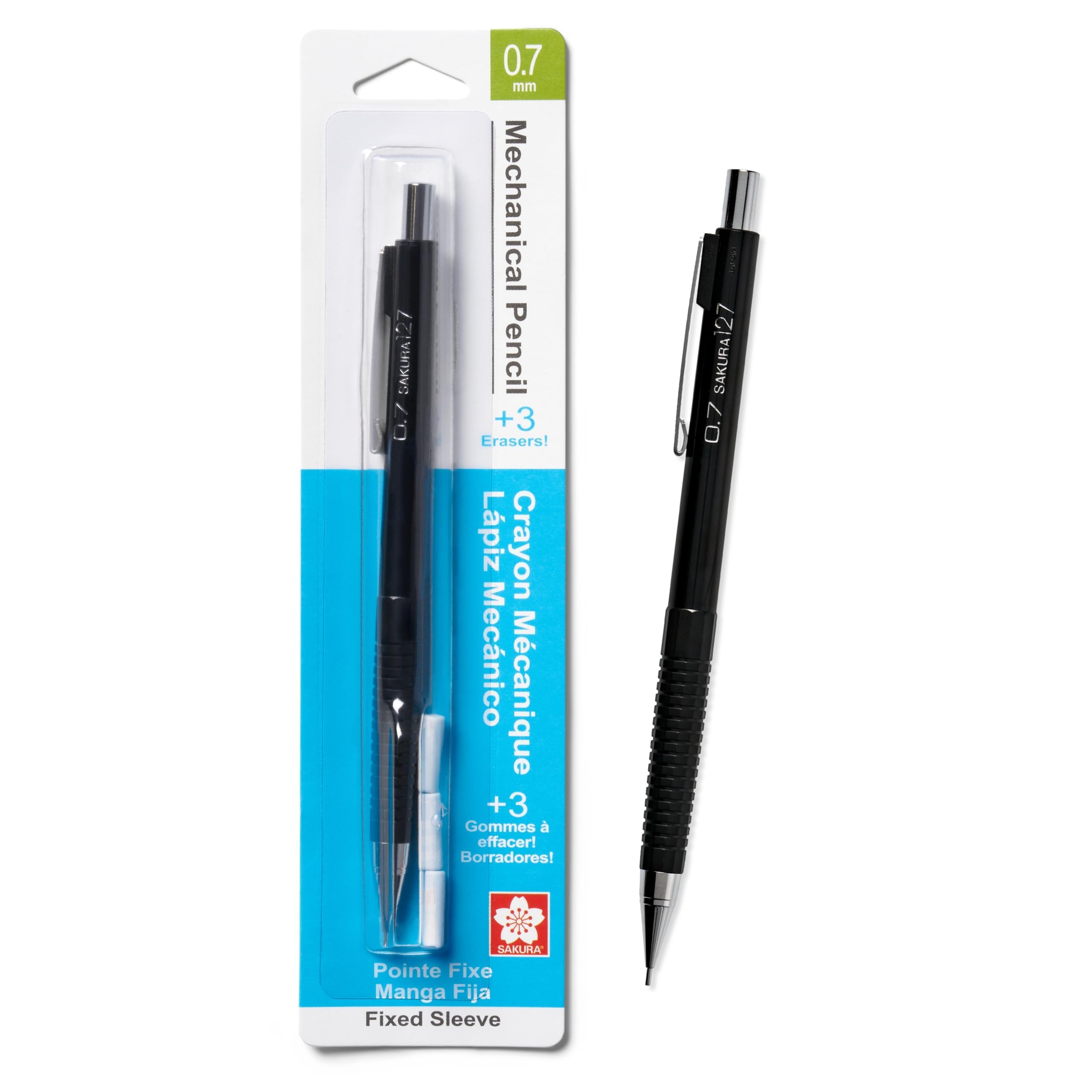 50298 Mechanical Pencil Fixed Sleeve 0.7-mm with 3 Erasers, Black