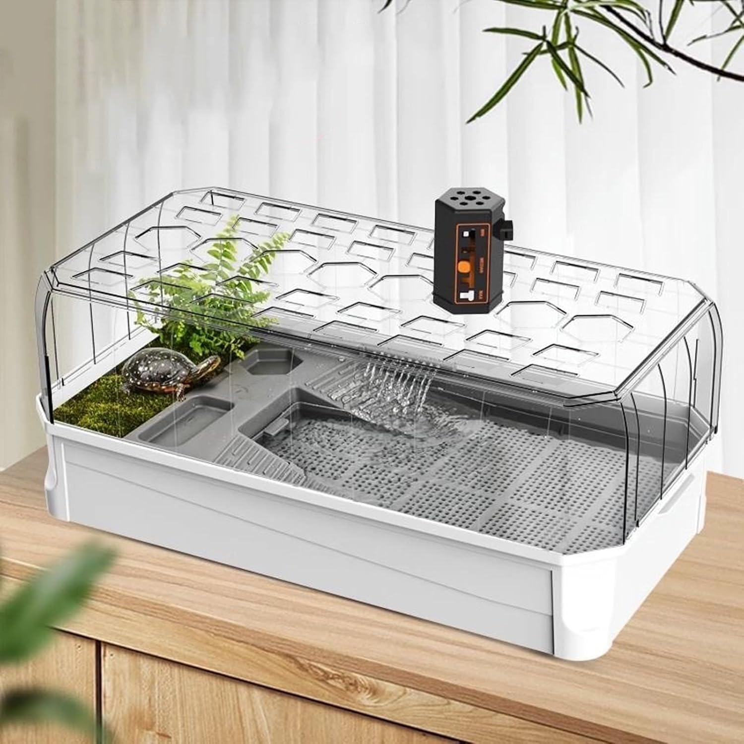 Aquarium-Set – Wassertank Mit Filter Und Licht-Sonnenplattform, Starter for Kinder, Klein for Baby- Jungschildkröten(White with Backlight,Large)
