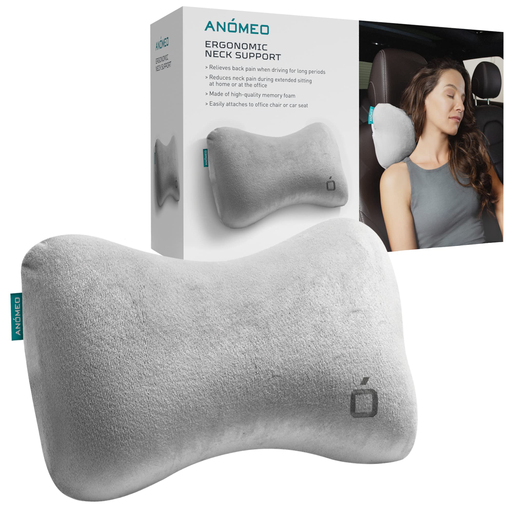 Anomeo Ergonomic Memory Foam Car Neck Pillow – Lightweight & Compact Travel Neck Cushion With Removable Washable Cover For Long-Distance Driving & Car Headrest Support