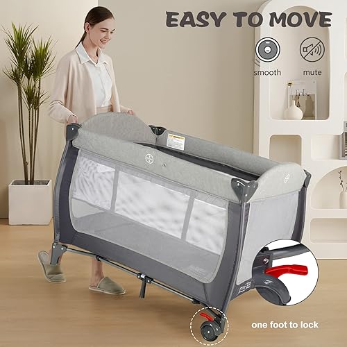 Miniatura 6 de Kinder King Paquete y juego portátil 4 en 1, centro de guardería con moisés, corralito grande para bebés y niños pequeños, cambiador para recién