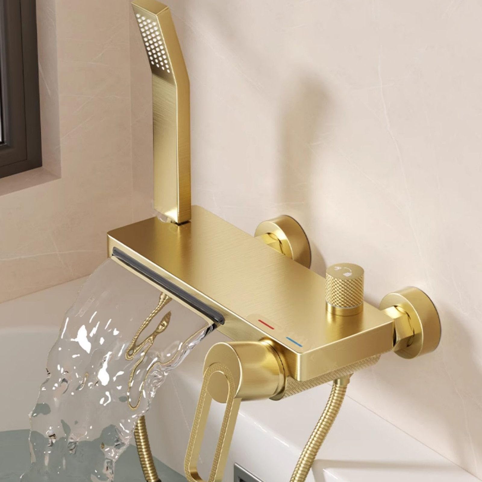 Rubinetto Vasca da Bagno con Doccetta, Miscelatore Doccia Cascata Miscelatore Vasca da Bagno Caldo o Freddo Rubinetto Doccia Ottone Oro Spazzolato