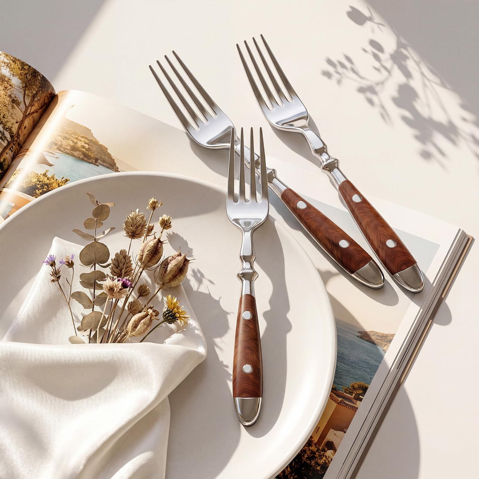 Dinner Forks, 8-Pack Stainless Steel with Wood Grain Bakelite Handle, 7.9 Inches for Salad, Noodle, Dishwasher Safe — Amazon image 4