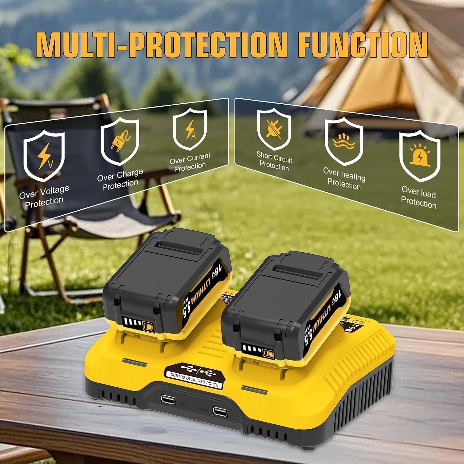 2X 18V Repuesto para Dewalt Batería +3A Cargador Compatible con Dewalt Batería DCB200 DCB180 DCB181 DCB182 DCB184 DCB185 DCB201 DCB204 (Naranja)