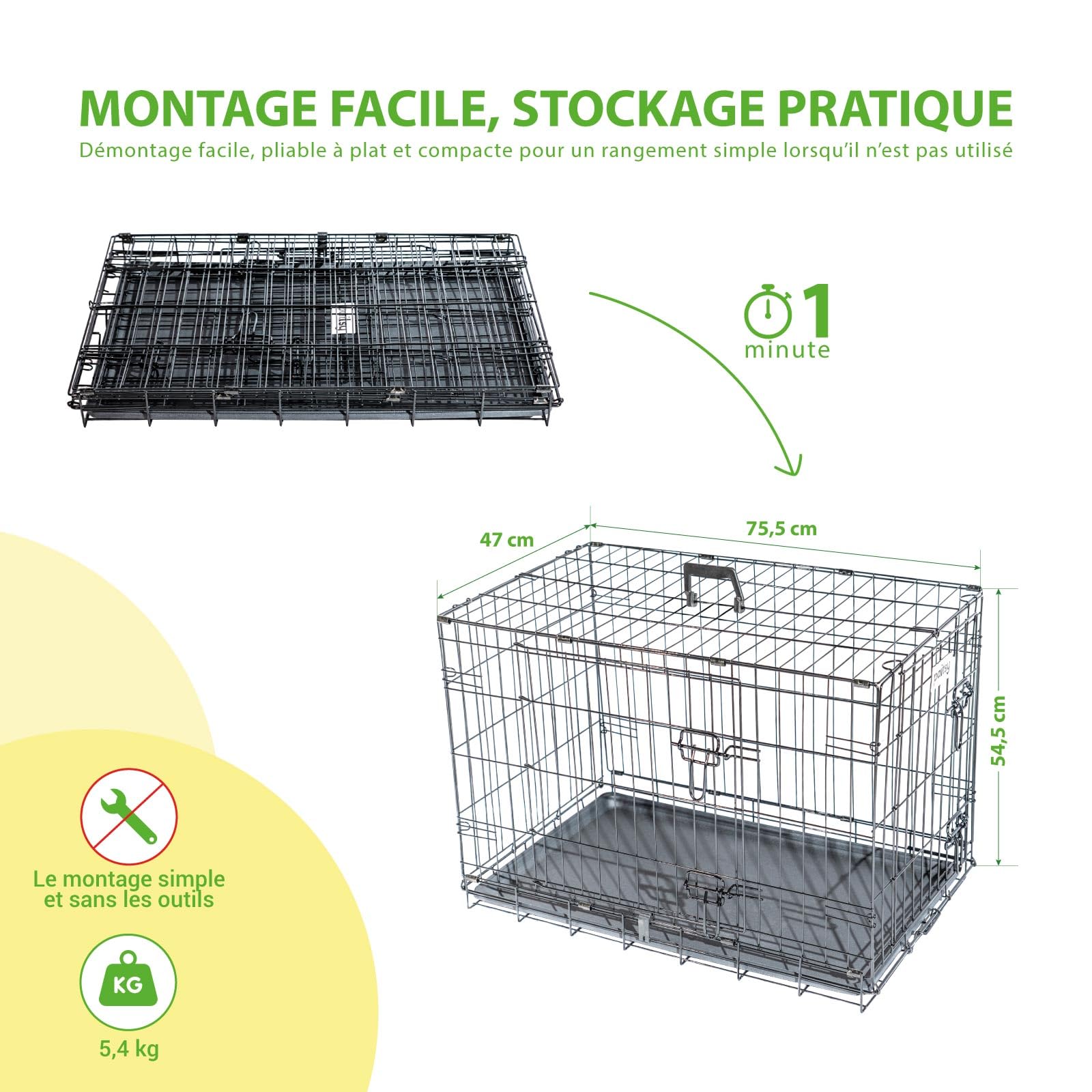 Cage pour Chien FortressooM, Caisse de Transport pour Chien et Chiot 75x47x54cm, Pliable, 2 Portes, Plateau Amovible, Utilisation Interieur Paitsy