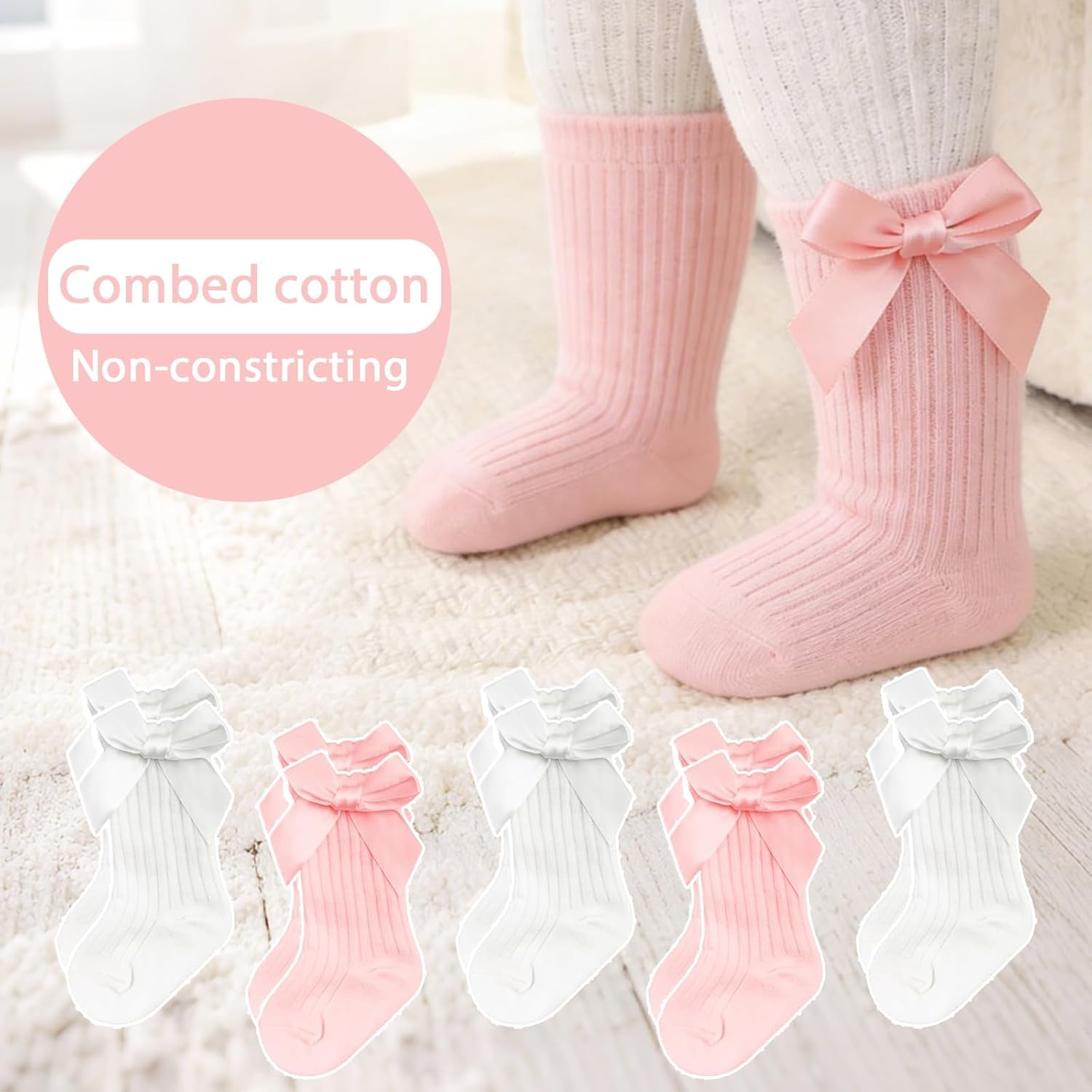 5 PCS Preemie Ruffle Long Socks Baby Knee High Cotton Socks Bows Stocking for Girls Infant Newborn - Image 2
