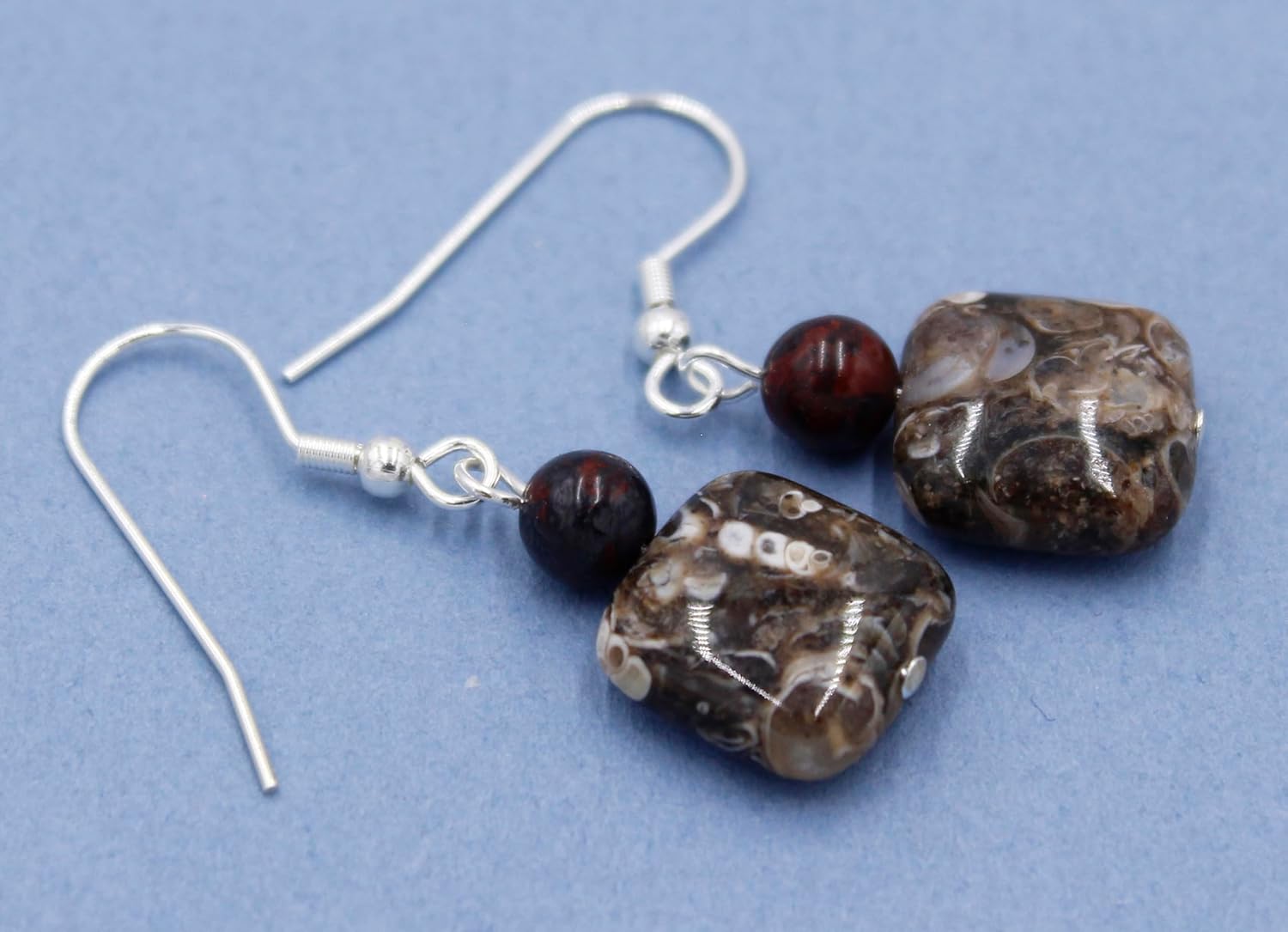 "Fossil Hunter" Brown Turritella Fossil Agate Natural Stone Earrings, 1.5 Inches