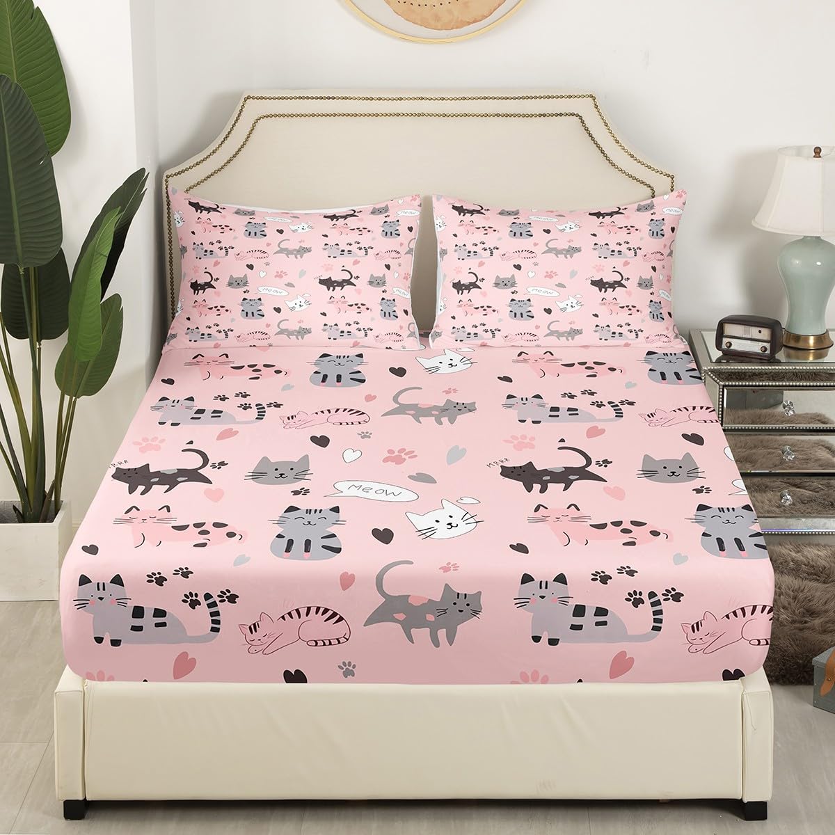 Erosebridal Pink Cat Twin Sheets for Girls Gray Black Cats Bed Sheets for Kids Boys Cute Paw Print Fitted Sheet Kawaii Hearts Bed Sets Kitten Meow Printed Bedroom Set Lightweight