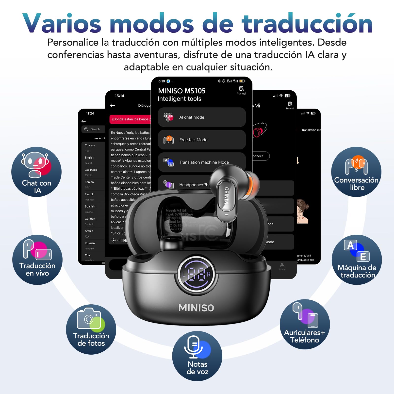 MINISO MS105 Auriculares de traducción en Tiempo Real con aplicación, 134 Idiomas, traductor de Auriculares en Tiempo Real, Auriculares Abiertos de 60H para iOS y Android, Viajes y Viajes