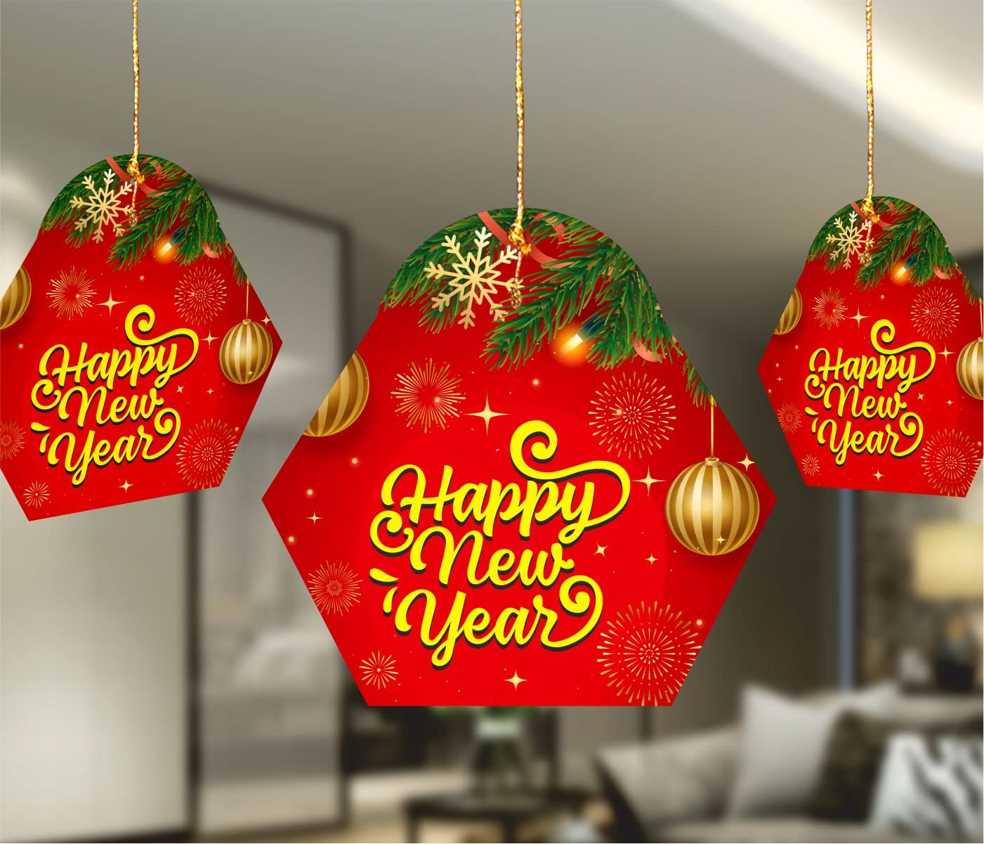 TOYXE Happy New Year paper Card Hanging Decoration Red Set of 10 Pcs