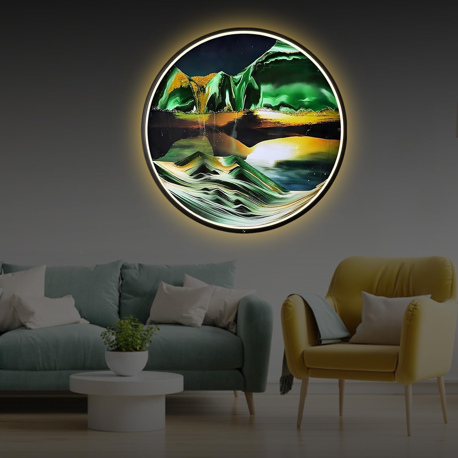 JYBBGO LED Wall Sconce with Moving Sand Art, 3D Deep Sea Sandscape Wall Mounted Lamps, 3 Color RGB Dimming USB Port Sand Art Liquid Motion, Touch&Remote Control Wall Decor (Green)