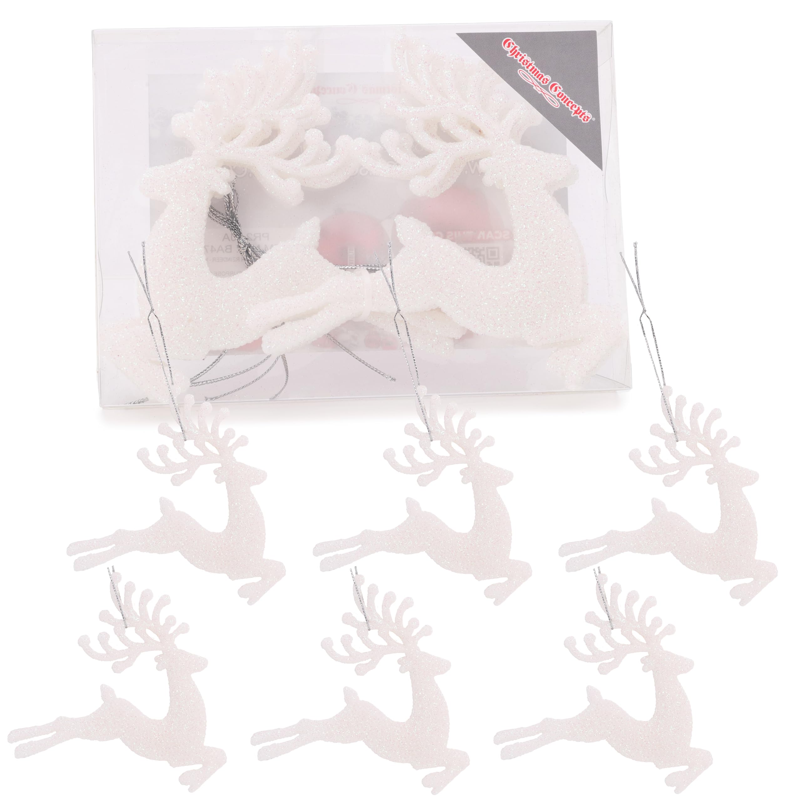 Christmas Concepts®- 100mm (4") Pack Of 6 Glittery Reindeer Baubles - Christmas Tree Decorations (White)