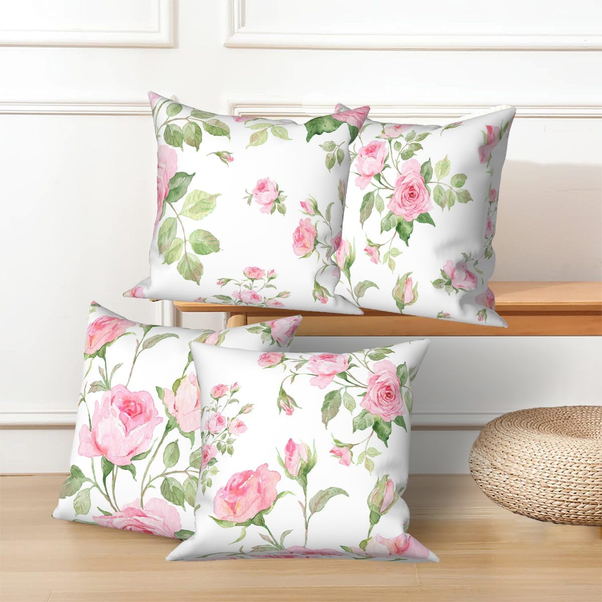 Pink Roses Throw Pillow Covers Blooming Natural Flower Bouquet Green Leaves Set of 4 Romantic Art Design Square Pillowcases for Bed Outdoor Couch Bedroom Patio Farmhouse Living Room 18x18