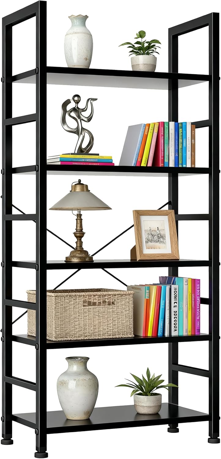 SageNest 5-Tier Industrial Bookshelf with Metal Frame - 62.2" Tall Open Storage Bookcase for Living Room, Bedroom, Home Office - Black