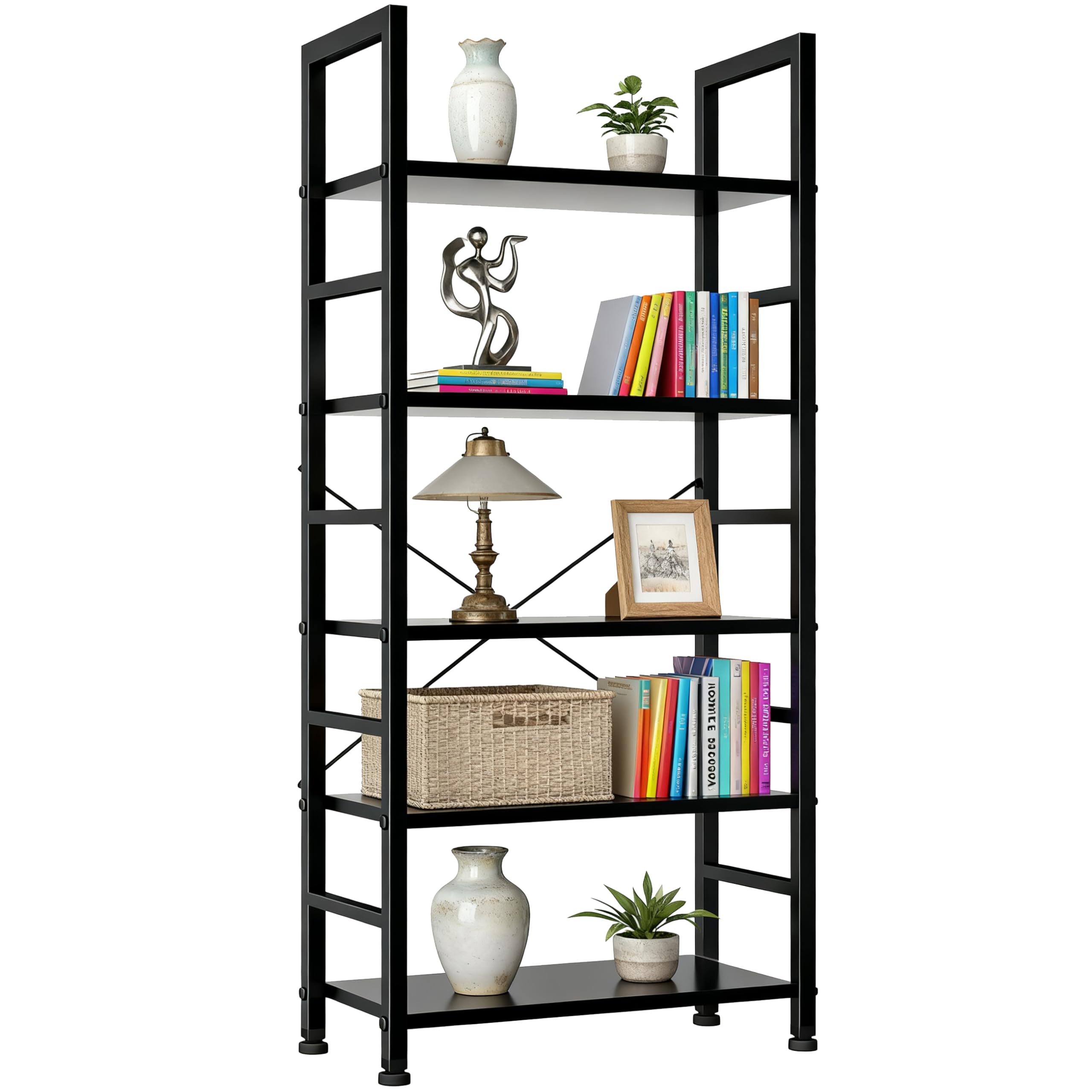 SageNest 5-Tier Bookshelf, Free Standing Wooden Bookcase with Open Storage Shelves with Metal Frame, Sturdy Shelf Organization Display Rack for Living