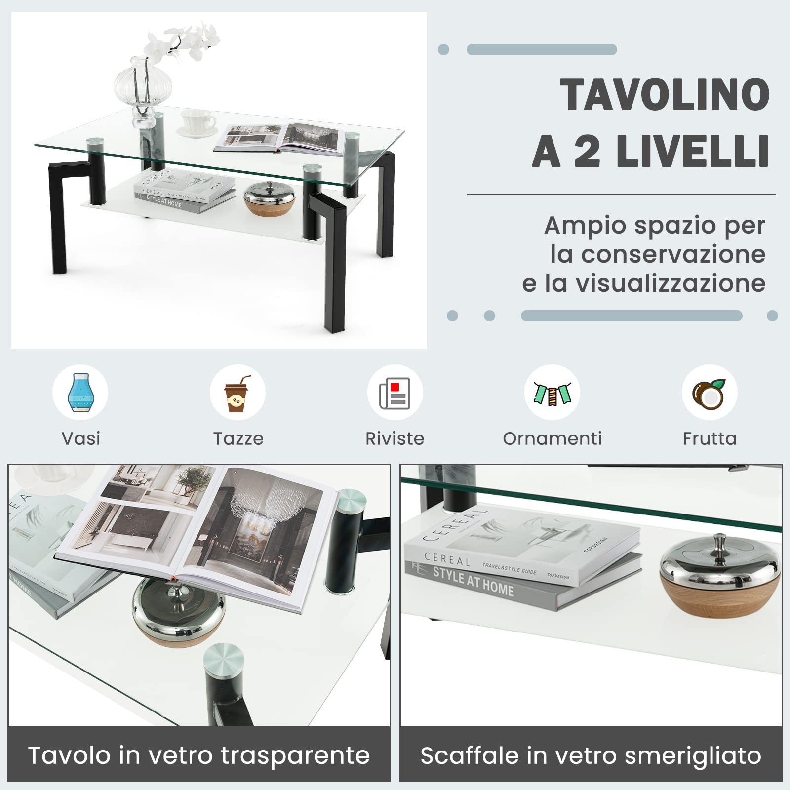 COSTWAY Tavolino da Salotto in Vetro Temperato Moderno, Tavolo Basso Rettangolare a 2 Livelli con Struttura in Metallo, Tavolino da Caffè per Soggiorno e Ufficio, 100 x 60 x 43 cm