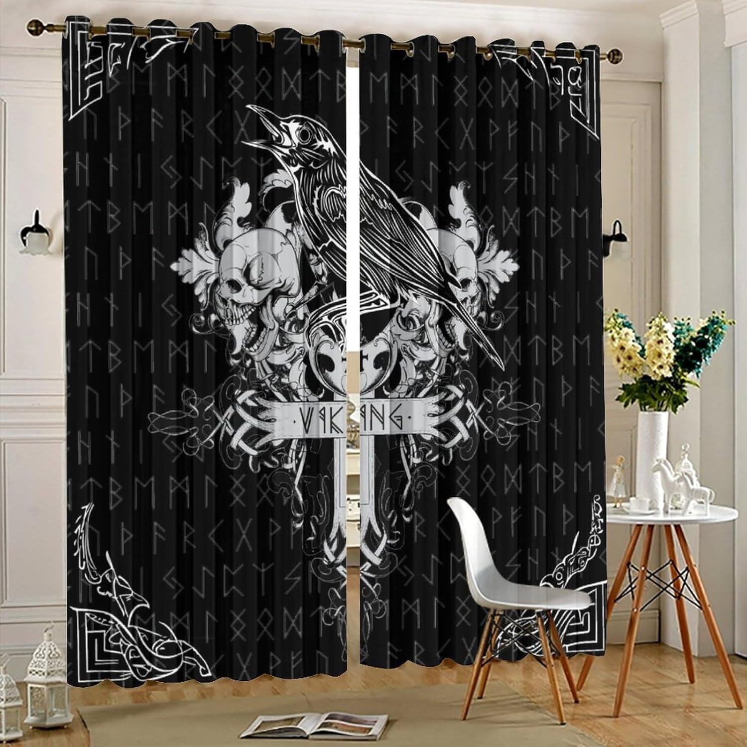 Viking Crow Blackout Curtain Abstract Crow Skull Ancient Symbols Meditation Gothic Retro Viking Nor Grommet Window Thermal InsulatingDrapes Decor for Bedroom Living Room Curtains 2 Panels 63"L x 21"W
