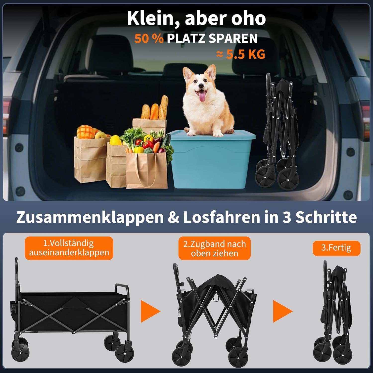 Bollerwagen Faltbar, 100kg Belastbar & 100L Volumen, Handwagen | Mit 360°Drehbaren Rädern, Für Jedes Gelände, Wasserabweisender Strandwagen Für Strand, Camping & Garten