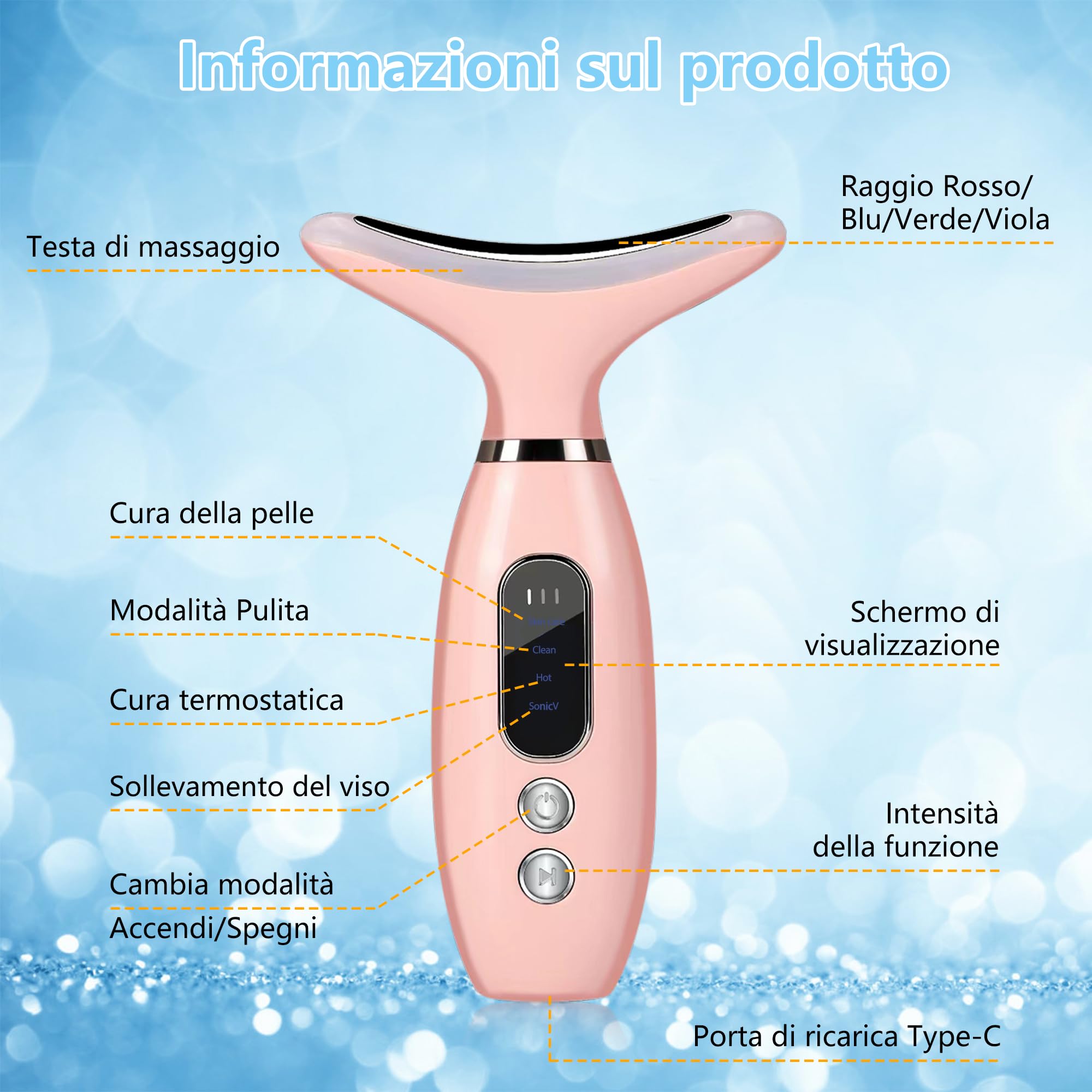 Massaggiatore Viso Lifting, 45°C Terapia Della Luce che Rassoda il Dispositivo di Bellezza del Massaggiatore Facciale del Collo con 4 Modalità LED Massaggio per il Sollevamento del Viso