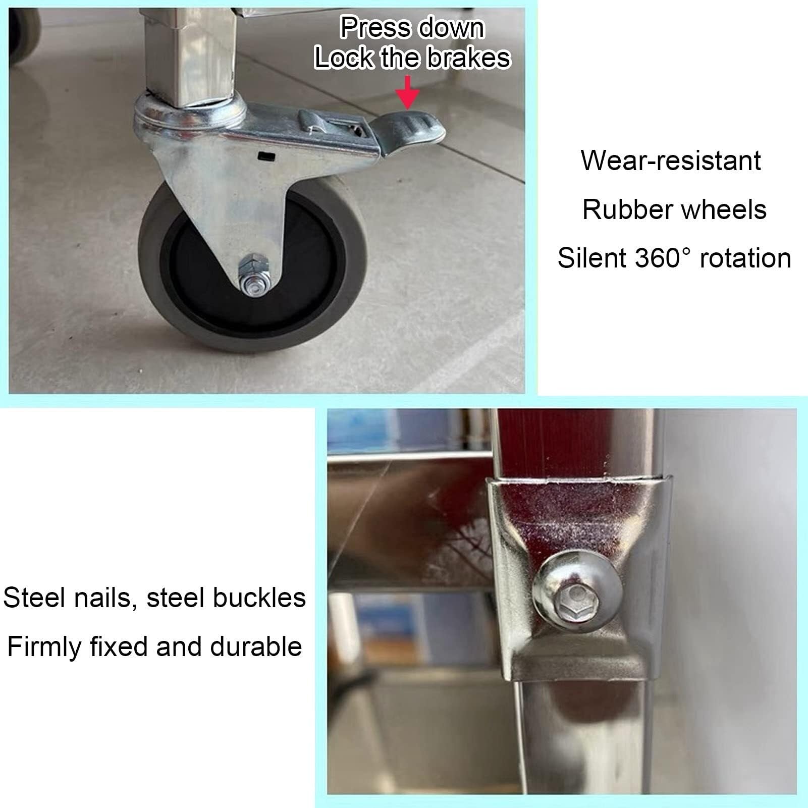 Carro de servicio de acero inoxidable de 2/3 niveles con ruedas de bloqueo, carrito utilitario rodante para cocina, restaurante, hotel y uso doméstico, solución de almacenamiento duradera, elegante y