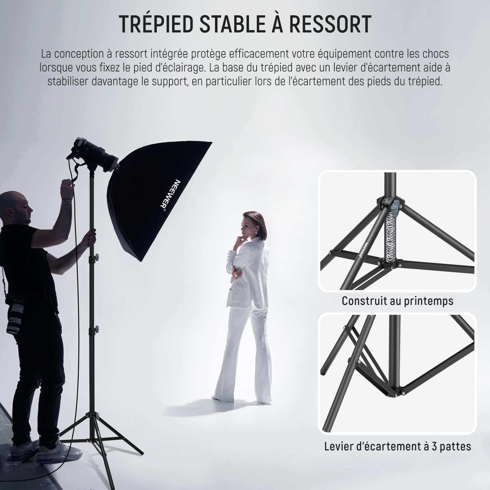 NEEWER Support de Lumière de Photographie 2.85-6.6ft/87-200cm, Trépied en Aluminium à Ressort avec Diamètre de Tube de ø28mm pour Anneau Lumière/Lumière LED/Softbox,Charge Max 22lbs, ST-200 Noir