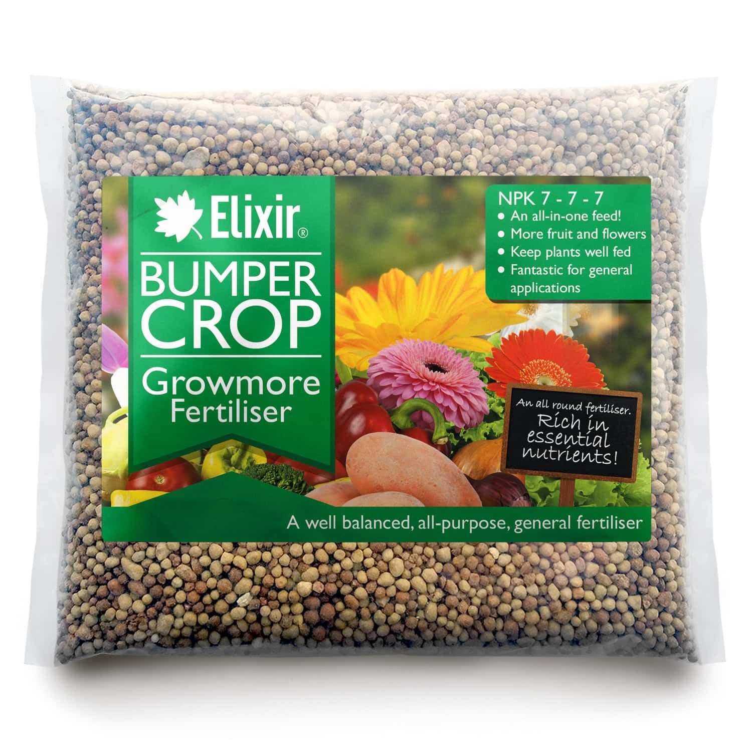 Elixir Gardens Bumper Crop Growmore Fertiliser NPK 7-7-7 | Various quantities available (from 500g to 25kg) | 5kg, Supplied in Polythene Bag | Treats 100sqm