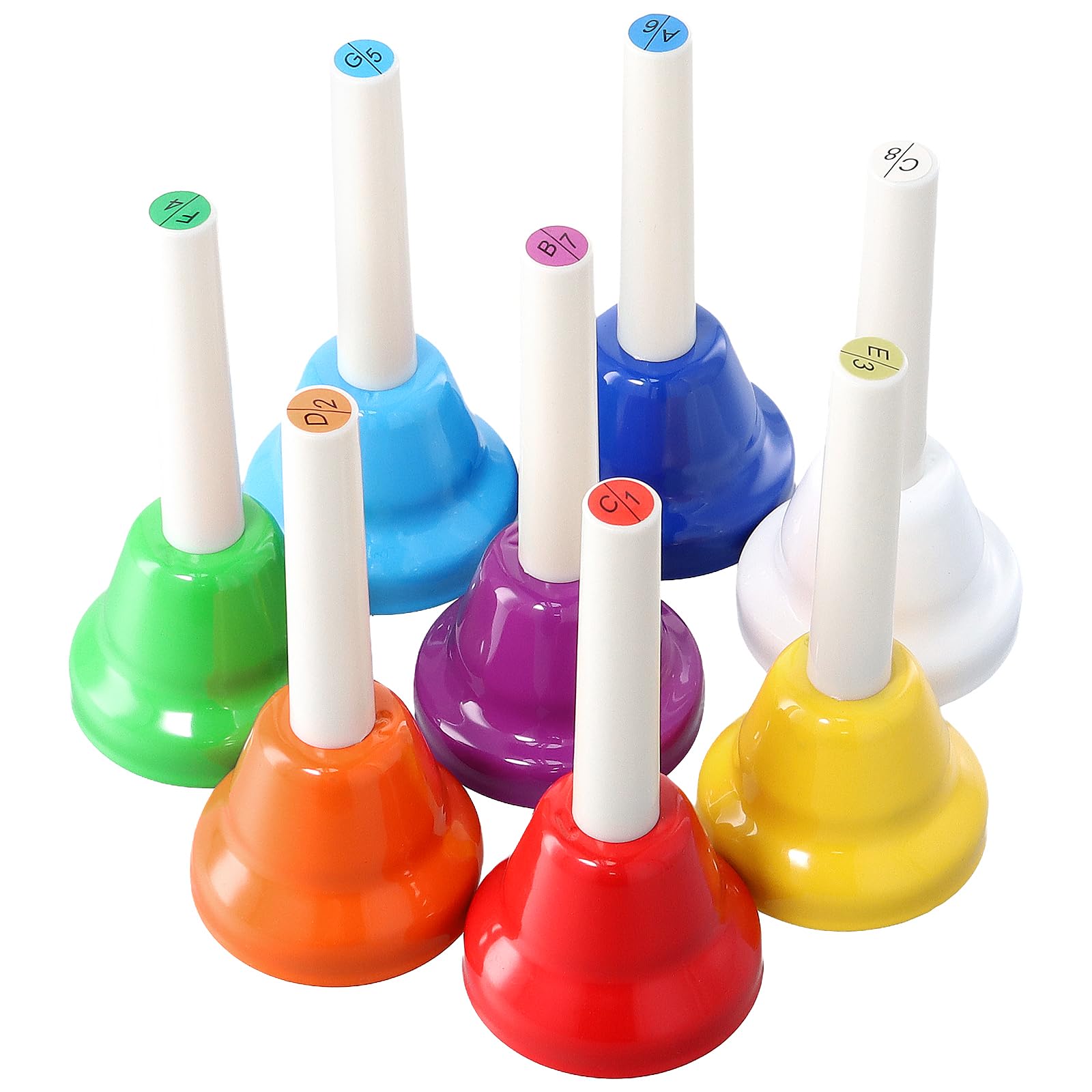 Lot de 8 cloches à main, 8 notes colorées, cloches diatoniques en métal - Cloches musicales colorées - Pour festival, cours de musique