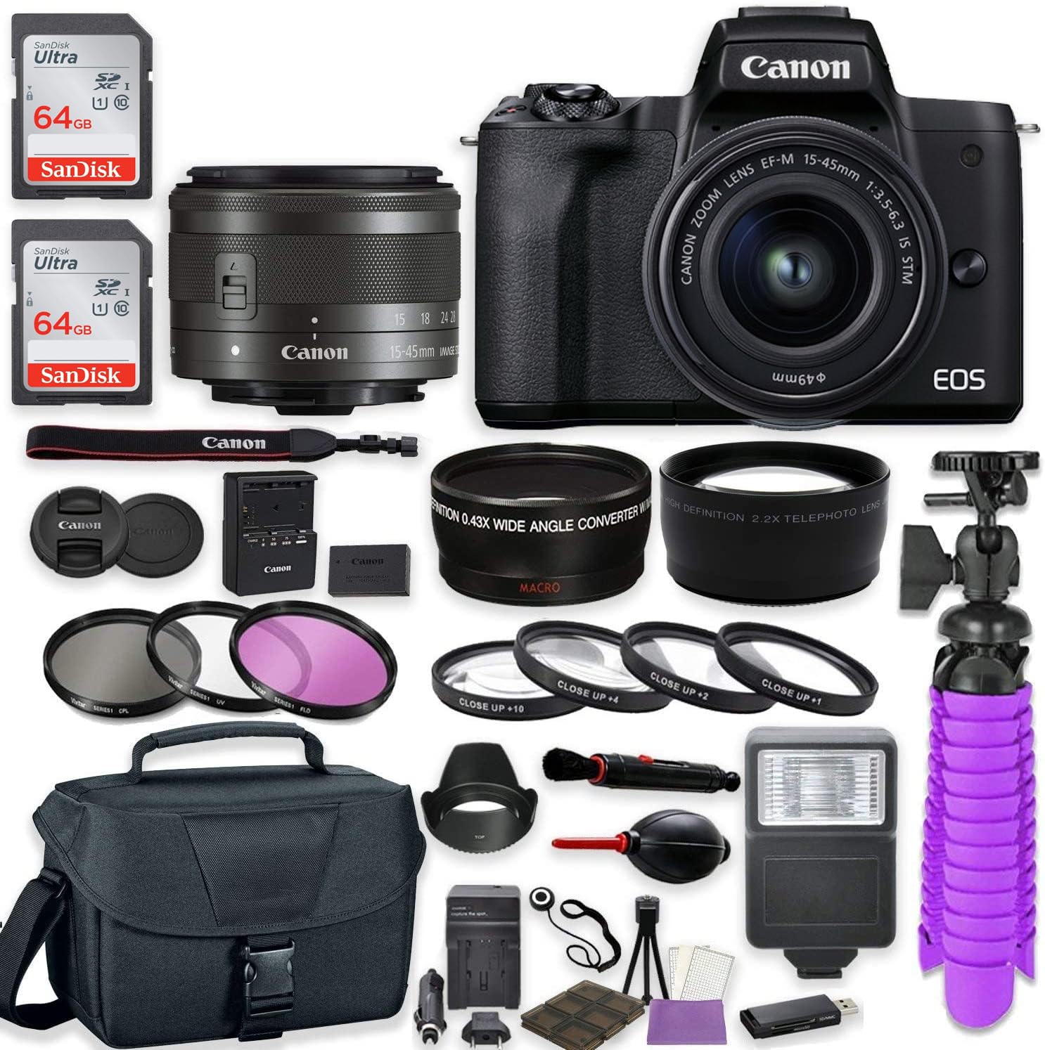 Canon EOS M50 Mark II Mirrorless Digital Camera (Black) Premium Accessory Bundle with EF-M 15-45mm is STM Lens + Gadget Case + 64GB Memory + HD Filters + Auxiliary Lenses
