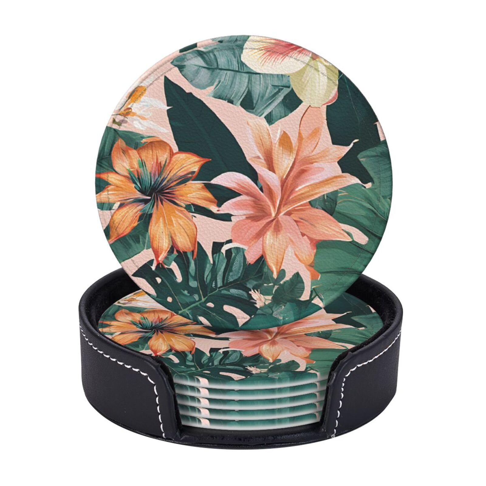 Coasters Set of 6 Microfiber PU leather Coasters with Holders for Drinks Coffee Bar Accessories, House Apartment Coffee Table Decor, Housewarming Gifts - Tropical Summer Hawaiian Flower Palm Leaves