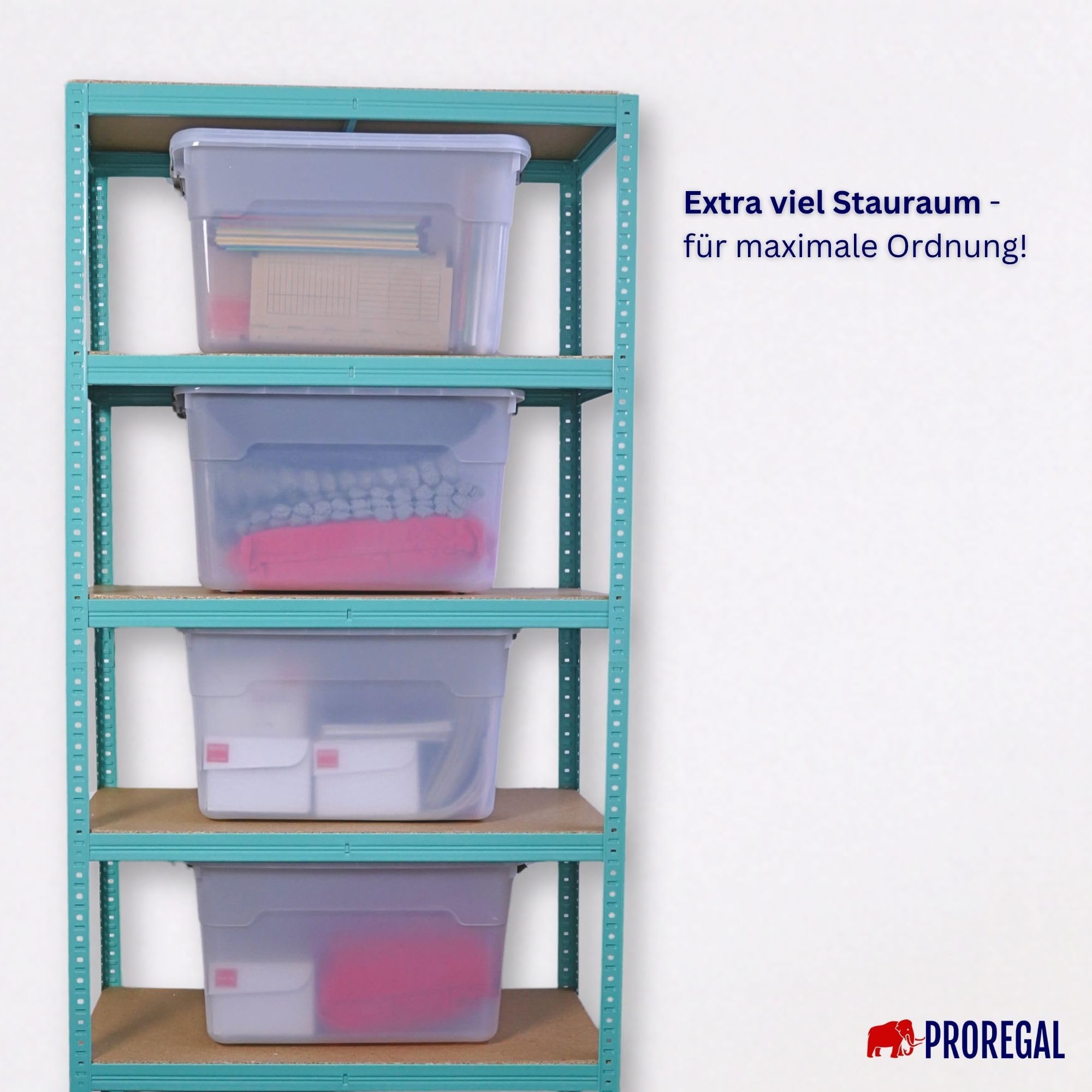 PROREGAL Aufbewahrungsbox mit Deckel 60L im 4er Set, Extra Groß, Rollen, Plastikbox transparent stapelbar, Kunststoffbox Verschlussclips, Stapelbox Kunststoff, Aufbewahrungsbehälter für Küche Haushalt
