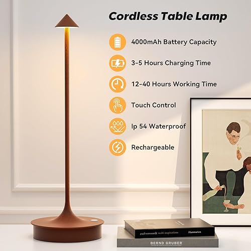 Miniatura 7 de Lámpara de mesa inalámbrica pequeña, recargable, funciona con pilas, lámpara táctil LED de 4000 mAh, regulable, portátil, impermeable, para