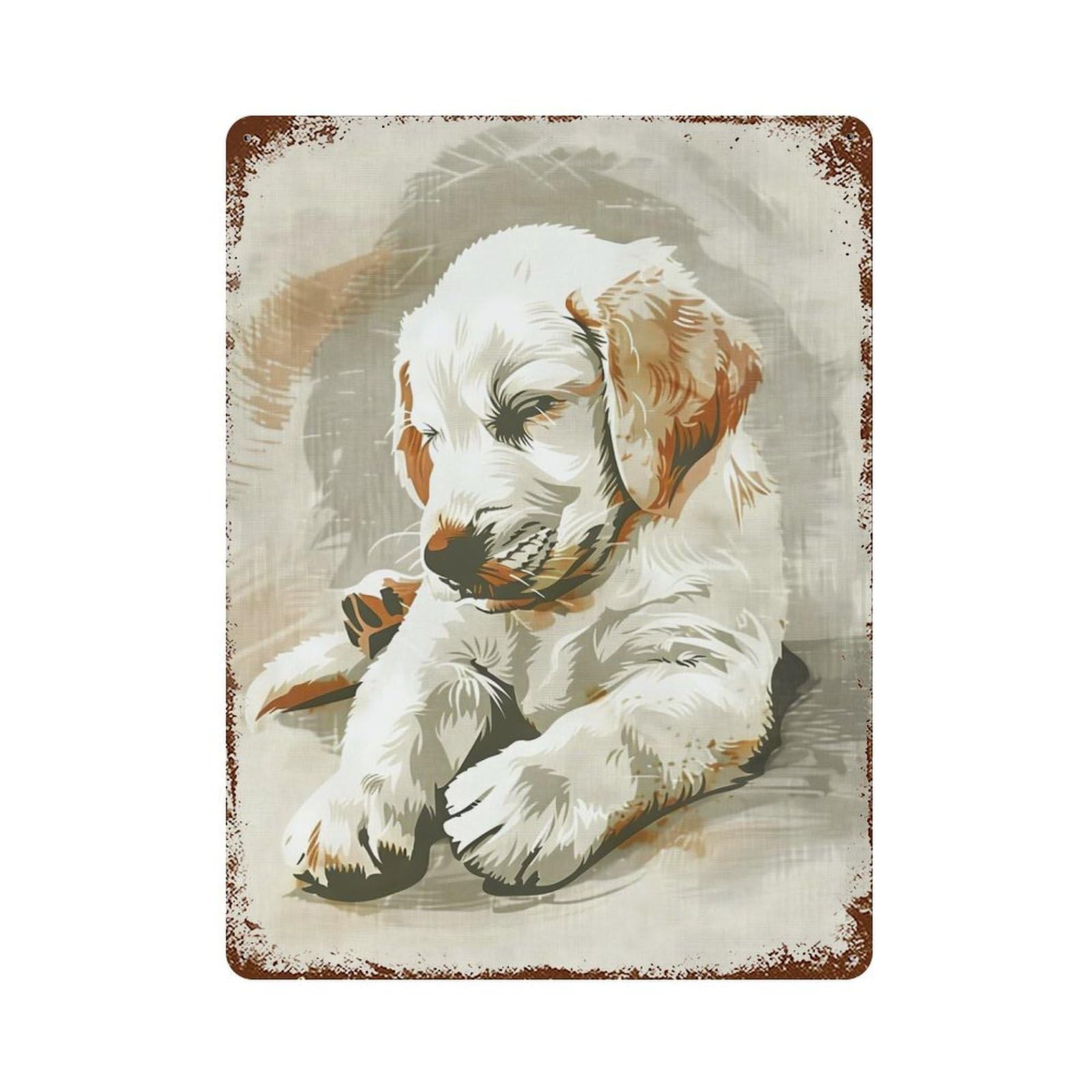 Sleeping Golden Retriever Puppy Nursery Illustration Rusty Metal Tin Sign 15.7"x11.8", for Basement, Hobby Room And Garage Decor, Retro Wall Decor