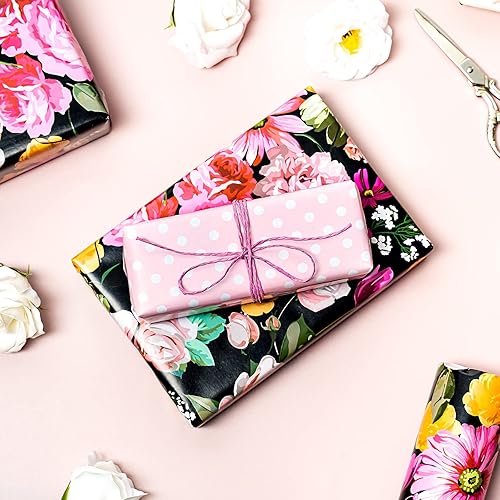 Miniatura 6 de WRAPAHOLIC Papel de regalo reversible, mini rollo, 17 pulgadas x 33 pies, hermoso diseño floral y rosa melocotón sólido para boda, día de la madre,