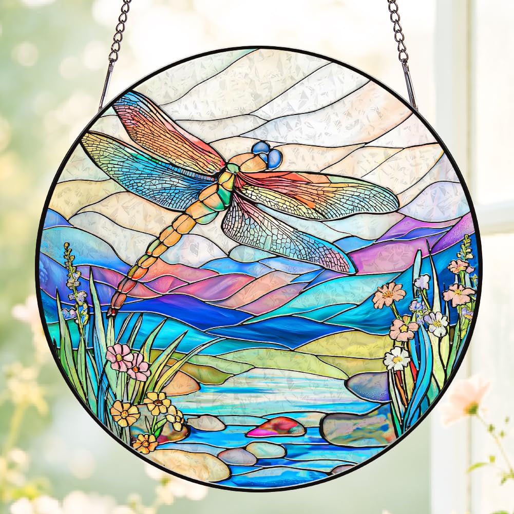 SUPERDANT 20x20cm Round Acrylic Window Suncatcher Colorful River Dragonfly Design Fade-Proof Hanging Decor for Porch Balcony Living Room