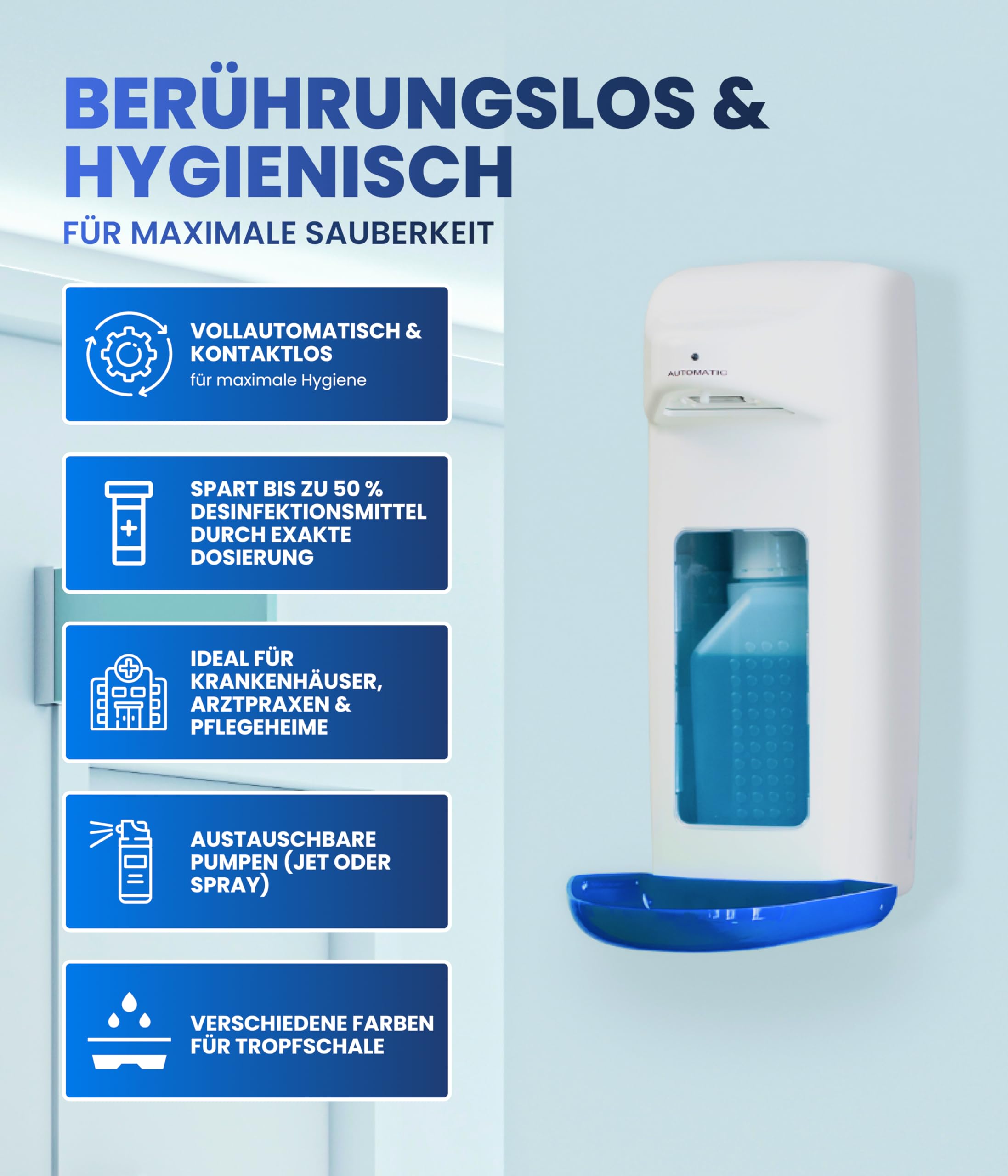 Distributore di disinfettante automatico per bottiglie europee, dispenser europeo e disinfettante con sensore, dispenser di sapone da parete e ricaricabile (bianco con blu, 500 ml)