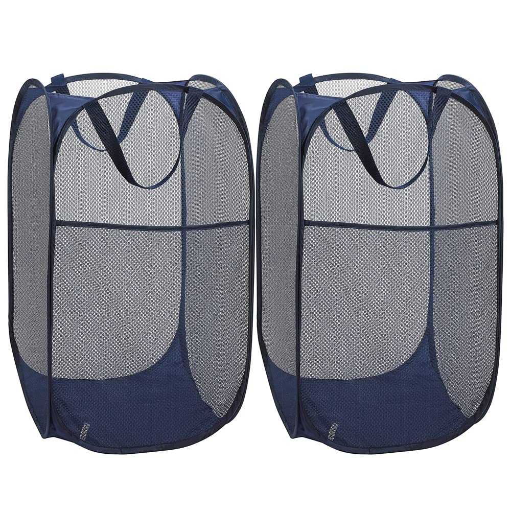 BATTOO Deluxe Strong Mesh Pop up Laundry Hamper Basket with Side Pocket Foldable Hamper for Laundry Room, Bathroom, Kids Room, College Dorm or Travel Navy + Navy
