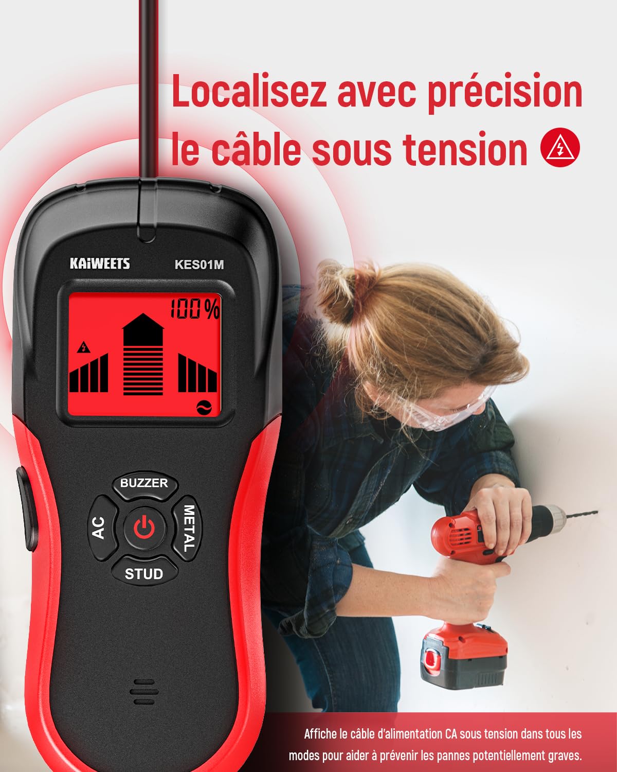 KAIWEETS Détecteur Mural, Détecteur de Construction Multifonction avec Écran HD LCD et Alarme Sonore, Scanner Mural pour Testeur de Bois, Métaux, Fil CA (Noir + Rouge)