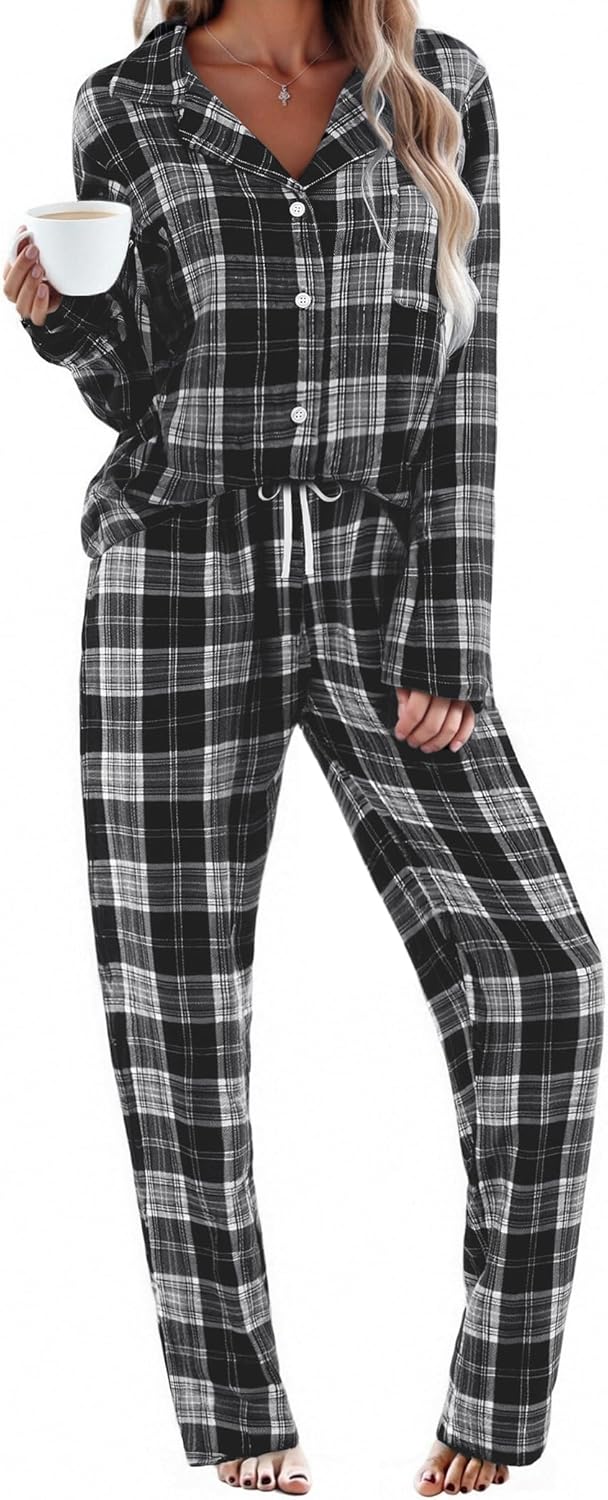 Ekouaer Womens Pajama Sets 2 Piece Cotton Plaid Pjs Long Sleeve Sleepwear Button Down Lounge Set with Pockets Small Gray Black Plaid
