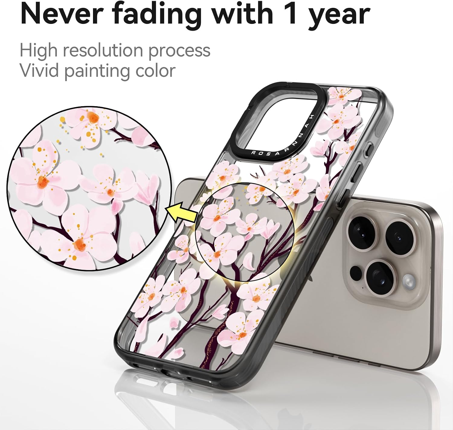 Compatible for iPhone 15 Pro Max Case Cute Aesthetic - Durable Shockproof 6.6 ft Drop Impact Phone Case Cover with Funny Fashion Cherry Blossom 6.7" Black