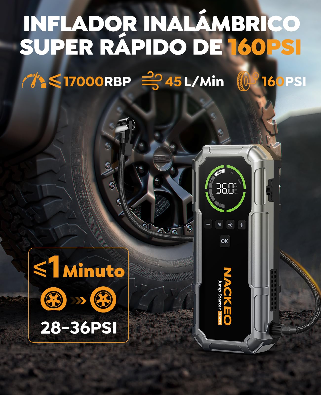 Arrancador de Baterias de Coche 8000A con Compresor, 160PSI Inflador de Neumáticos, Jump Starter 12V, Arrancador de Coches para Vehículo (Todo Gasolina o 12L Diésel), Pantalla LCD, Luz de Emergencia