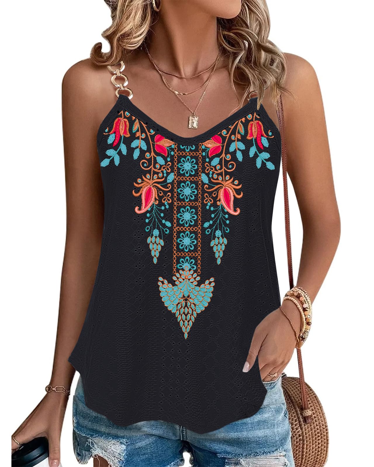 RIROW Womens Tank Tops Eyelet Sleeveless Spaghetti Strap Sexy Loose Fit Casual Summer Boho Cami 2024 New