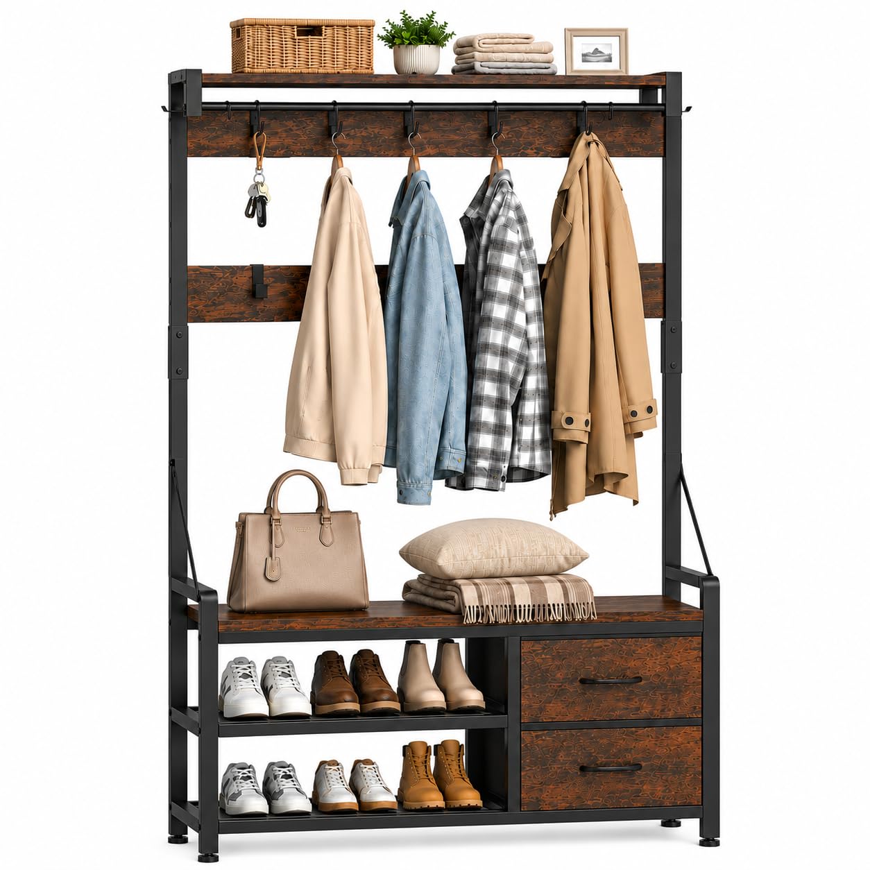 Garderobenständer, Flurgarderobe mit Schuhbank, Garderobe, Schuhaufbewahrung, 2 Schubladen, 17 Haken, Industrie-Design Garderobe mit Sitzbank für Flur, Wohnzimmer 30 x 80 x 180 cm