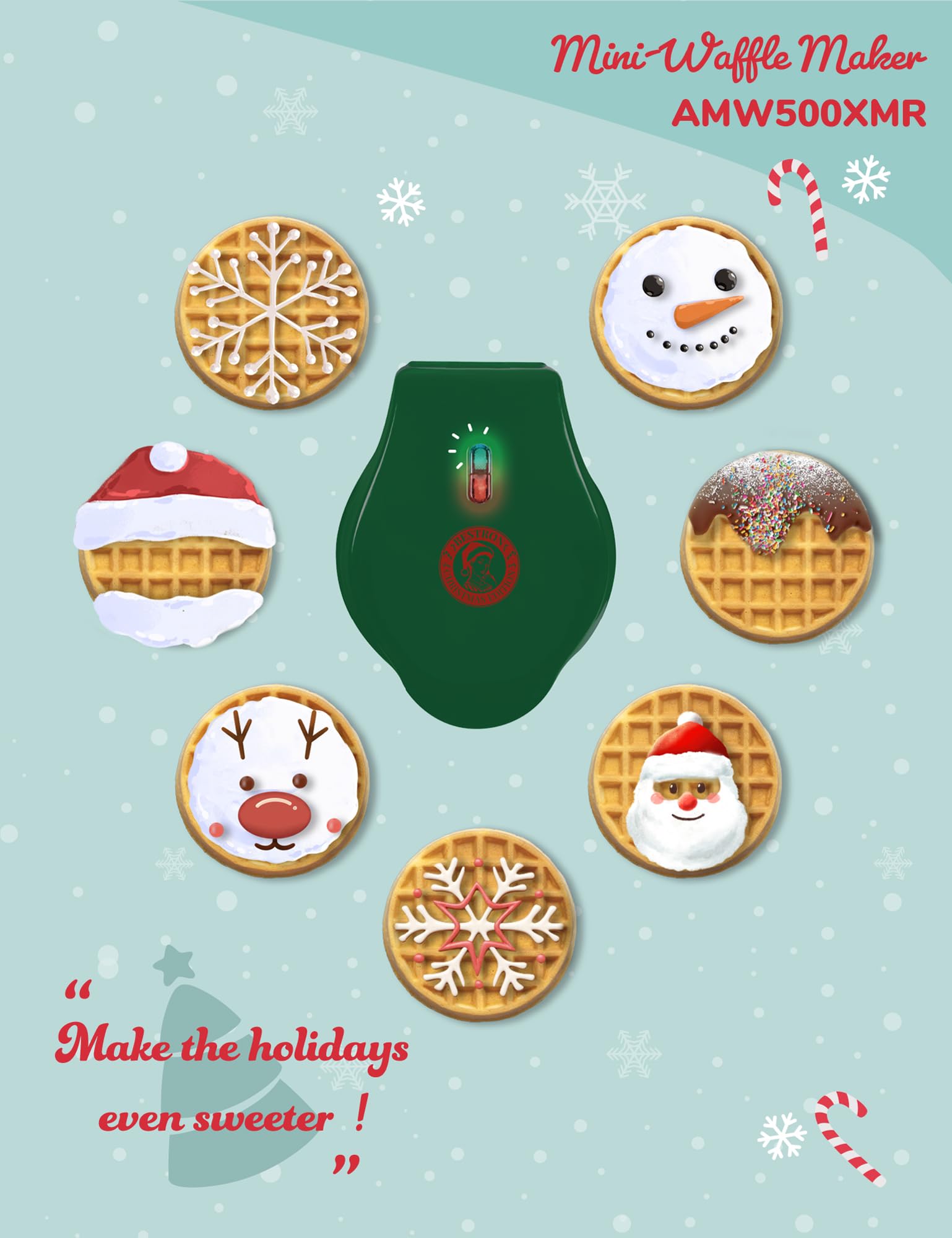 Bestron Mini Gofrera, Christmas Edition, Edición Limitada, Waffle Maker con revestimiento antiadherente, ideal para Navidad, fiestas o como regalo, tamaño del waffle: 10 cm, Color: verde mate