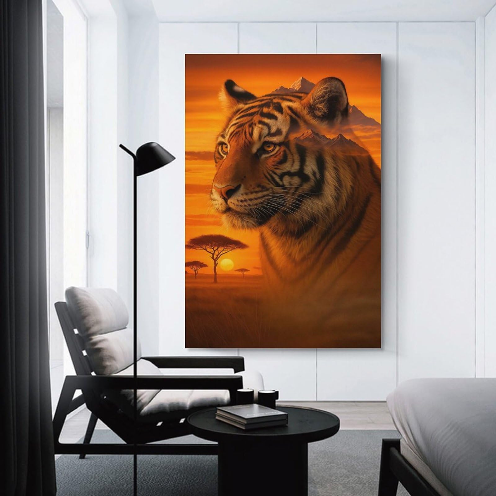 Junmoney Tiger Portrait with African Landscape Wall Picture Print 24x36inch(60x90cm), for Calm Bedrooms, Home Corners Or Flats, Home Artwork with A Soft Interior Feel