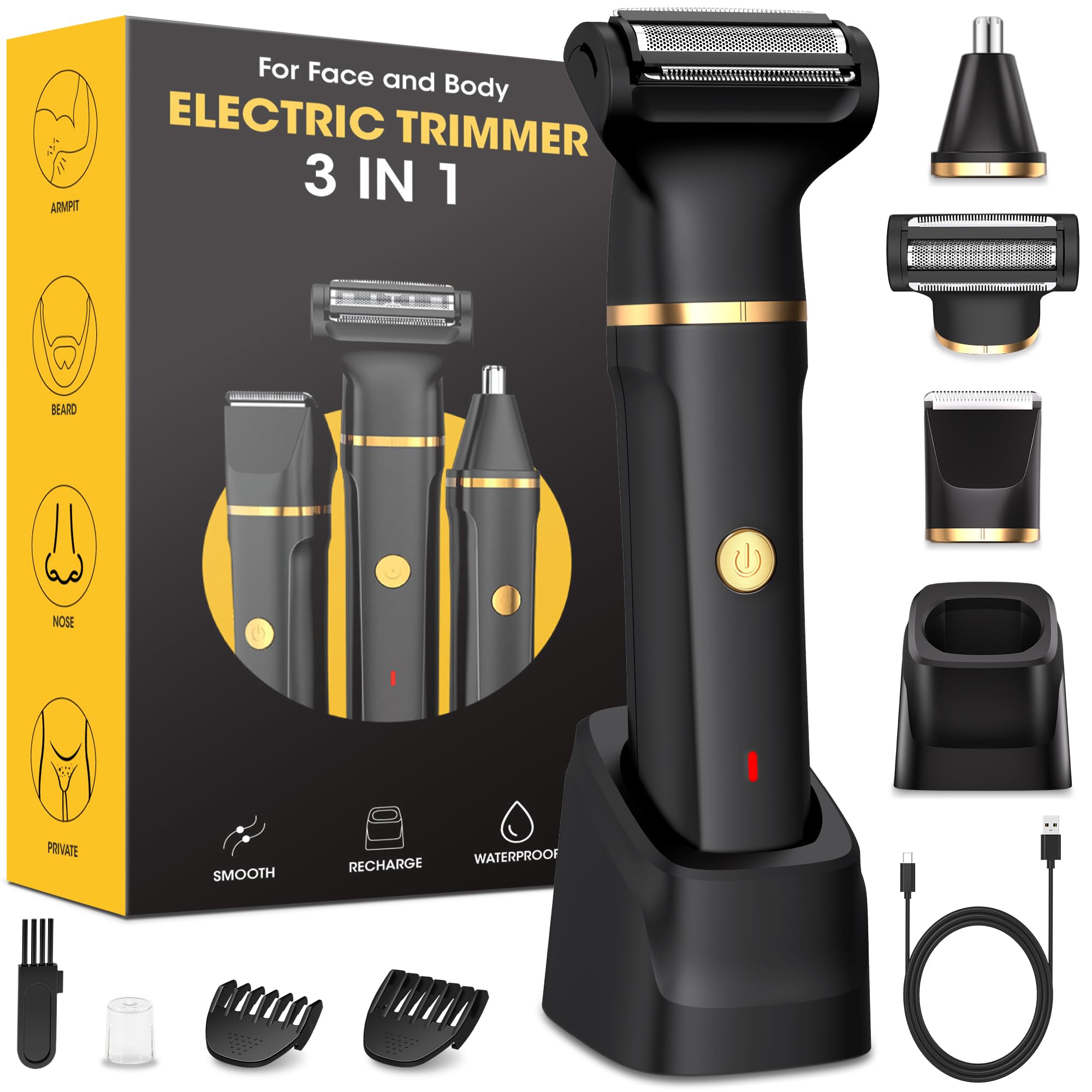 Afeitadora Corporal Masculina,3 en 1 Depiladora Corporal Hombre,Cortapelos Nariz Base de Recarga USB,Maquina Depilar Hombre para Axilas Piernas Pecho Ingle Genitales,Rasuradora Duración 120 Min,IPX7