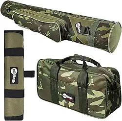 Jogo Completo Pescaria com Porta Varas 1m + Bolsa Pequena de Mão + Estojo Porta Empate Anzol Nü Bag (Verde/Camuflado)