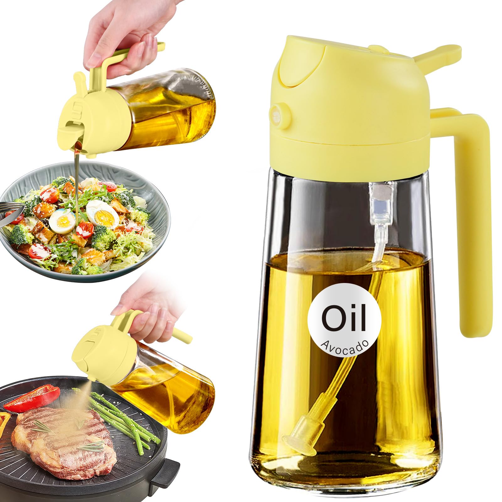 YARRAMATE 16oz/470ml Glass Olive Oil Sprayer for Cooking with Stickers, 2 in 1 Oil Dispenser for Kitchen Gadgets, Food Grade Premium Spray Bottle for Salad, Frying, BBQ (Pomelo) โ image 1
